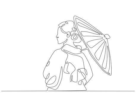 recommend clip art: Continuous one line drawing of japanese woman wearing kimono. One line drawing illustration of woman wear kimono holding umbrella. Japanese culture concept single line. Editable outline
