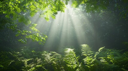 Obraz premium Enchanting Misty Forest: A Magical Scene of Light Rays and Ferns in a Mystical Woodland
