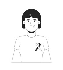 Asian-american woman wearing tshirt solidarity ribbon black and white 2D line character. Breast cancer awareness tee female korean isolated vector outline person. Monochromatic spot illustration