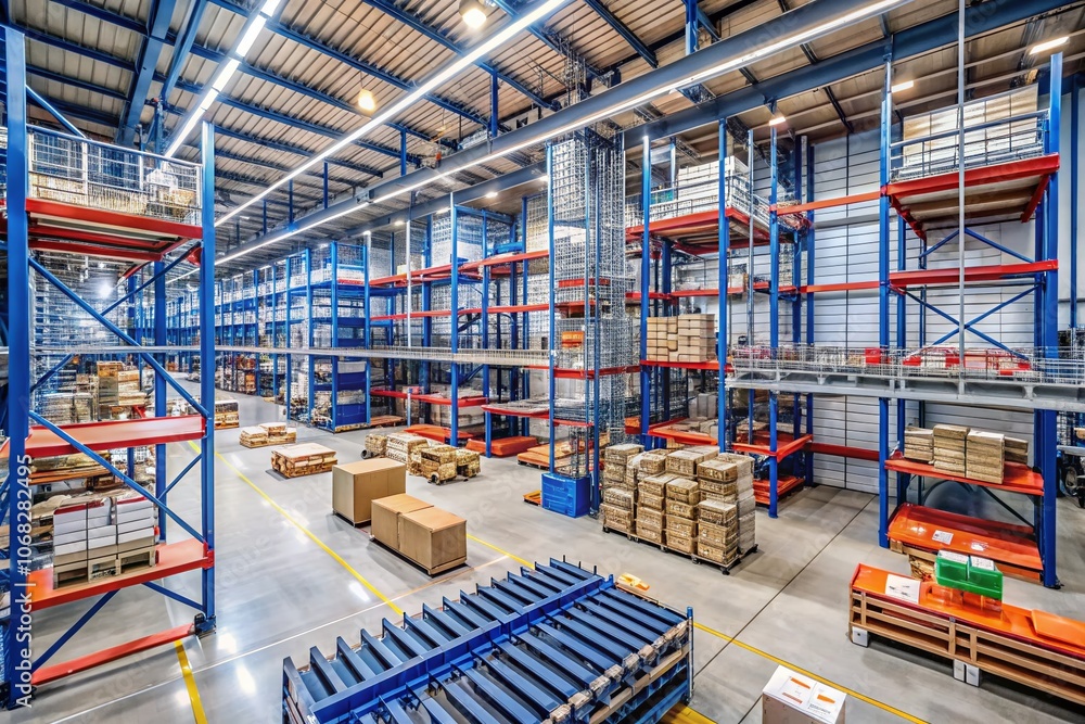 Poster captivating interior of a multi-level warehouse showcasing modern architecture and efficient storage