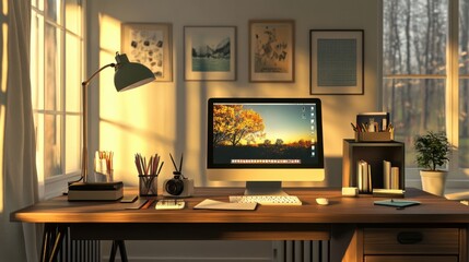Cozy desk setup with computer and stationery at home