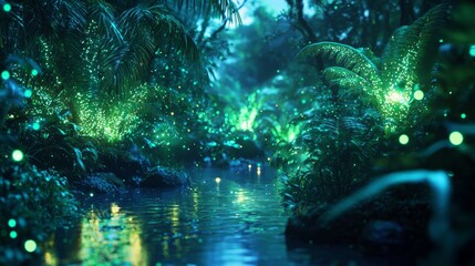 Obraz premium Enchanted Twilight Forest with Bioluminescent Plants and Reflective Stream - Ultra-Detailed Nature Scene