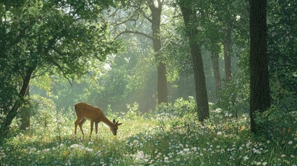 Fototapeta premium Serene Forest Encounter: Graceful Deer Grazing Among Wildflowers in Sunlit Woodland