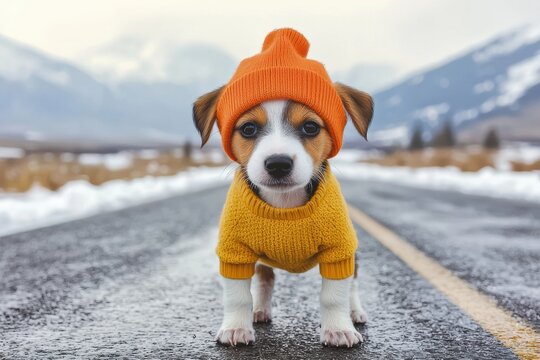 A cute puppy wearing an orange hat and sweater stands on a snowy road, surrounded by mountains, showcasing a playful winter vibe.