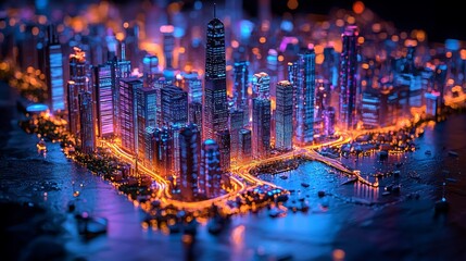 Nighttime Cityscape with Illuminated Buildings and Roads Smart City Concept
