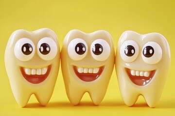 Obraz premium A playful illustration of three cartoon teeth with smiling faces against a bright yellow background, promoting dental health.