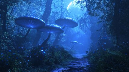 Fototapeta premium Enchanting Moonlit Forest with Glowing Mushrooms Along Pathway | Ultra-Detailed Mystical Nature Scene