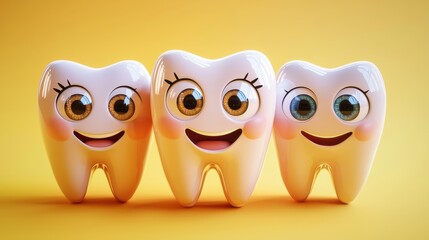 Fototapeta premium Three cheerful cartoon teeth with big eyes and smiles, set against a bright yellow background, promoting dental health and hygiene.