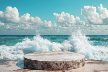 Rock podium positioned on the sea shore with crashing waves and a beach-themed background