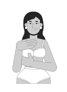 recommend clip art: Indian woman in brassier examining breast black and white 2D line character. Mastopathy early detection. South asian female touching chest isolated vector outline person. Monochrome spot illustration