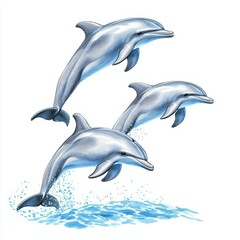 Obraz premium Three dolphins playfully jumping out of the water with splashes, illustrated in a vibrant and dynamic style.