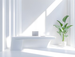 Fototapeta premium Bright Airy Minimalist Workplace with Geometric Desk and Laptop Beautifully Lit by Daylight