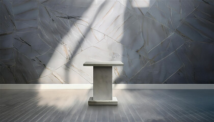 The walls made of gray-toned marble in the sunlit room and the podium with a refined modern feel.