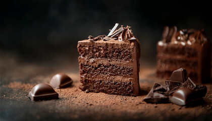 Movies Still Chocolate, Chocolate Cake, Dark Background, High Quality Photography, Moist Texture, Sugar Frosting, Studio Photography, Slices. Shallow Field Depth, Vignette