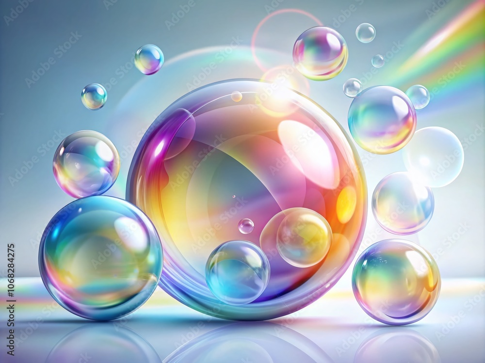Poster captivating long exposure of 3d soap bubbles in a rainbow gradient with shiny reflections, floating 