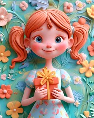 Fototapeta premium Cheerful Girl Holding a Gift in a Vibrant 3D Clay with Floral Dress