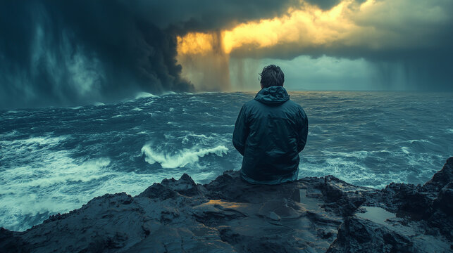 Man sitting helplessly as a catastrophic weather event approaches, embodying the ignored warnings of manmade climate change and the consequences of unchecked consumerism