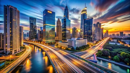Fototapeta premium Captivating Long Exposure of a Brokerage Firm's Skyline at Dusk Highlighting Financial Growth and Urban Dynamics in the Heart of a Modern Cityscape