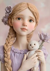 Fototapeta premium Delighted Girl Embracing Endearing 3D Clay Toy Figure in Dreamy Pink Setting