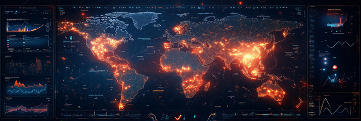 Control center monitoring global network activity on world map