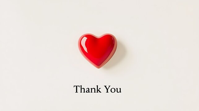 A heartfelt thank you message displayed with a shiny red heart on a clean background
