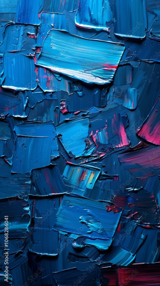 Poster vivid blue and red oil paint layers showing expressive texture and dynamic color contrast in a conte
