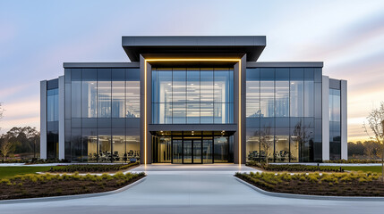 Fototapeta premium A stunning modern building features expansive glass windows surrounded by landscaped greenery during twilight