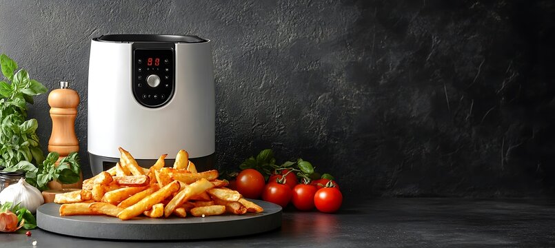 An air fryer next to crispy fries on a countertop, dark backdrop with lots of copy space