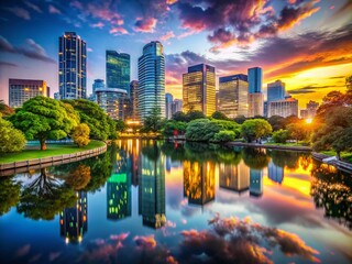 Naklejka premium Captivating Long Exposure View of Urban Cityscape at Dusk, Featuring Beautiful Nature Elements with Real Estate Logo Design Template Integration for Marketing and Branding Purposes