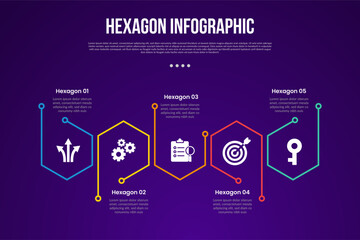 hexagon or hexagonal six sided polygon template infographic with outline base unconnection on horizontal direction with 5 point with dark style for slide presentation