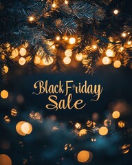 Golden sale sign for Black Friday holiday concept. A festive backdrop featuring twinkling lights and a prominent "Black Friday Sale" announcement capturing the spirit of holiday shopping