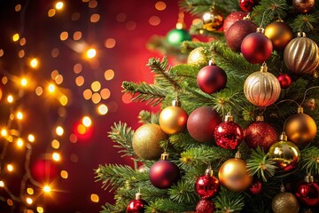 Fototapeta premium Captivating Low Light Christmas Tree with Colorful Ornaments and Bokeh Lights on a Rich Red Background, Perfect for Holiday Celebrations and Festive Decor Inspiration