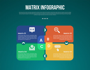 matrix structure dimensions template infographic with round box container with arrow circular center with 4x4 dimension with dark style for slide presentation
