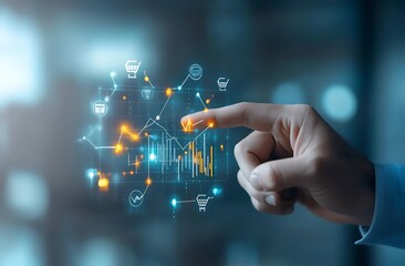 A hand is pointing at a graph with a shopping cart and other icons