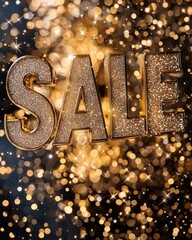 Golden sale sign on a background concept. Glittering "SALE" text set against a sparkling golden background perfect for promotional marketing and attention-grabbing advertisements