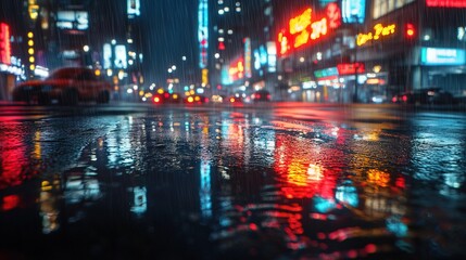 Obraz premium Urban night scene with neon lights reflecting on wet pavement