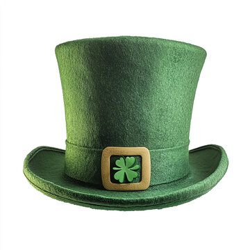 Green leprechaun hat with buckle and shamrock decoration for St. Patrick's Day celebrations on white isolated background.