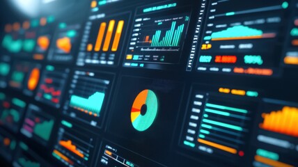 Fototapeta premium A colorful, modern data dashboard displaying various graphs, charts, and metrics for data analysis and visualization.
