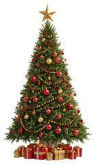 Fototapeta premium Decorative Christmas Tree with Ornaments on White Background, Christmas Festive Concept. Transparent PNG Format.