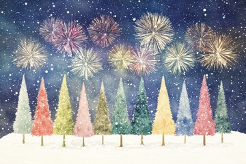 A colorful winter scene featuring vibrant trees and festive fireworks against a snowy background.
