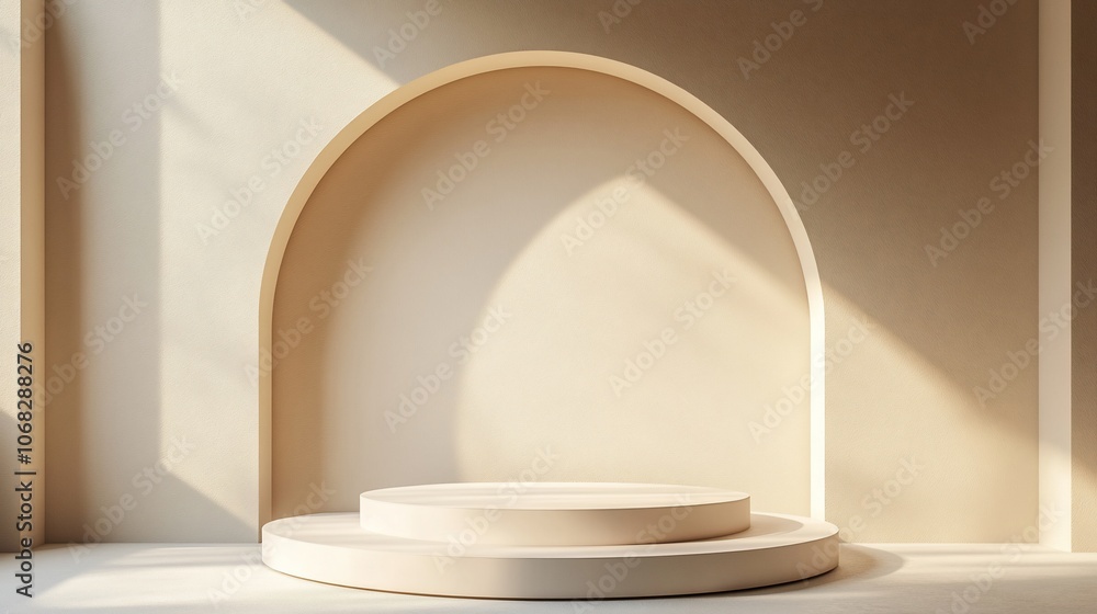 Poster a minimalist product display featuring a round podium with two tiers against a backdrop of a beige w
