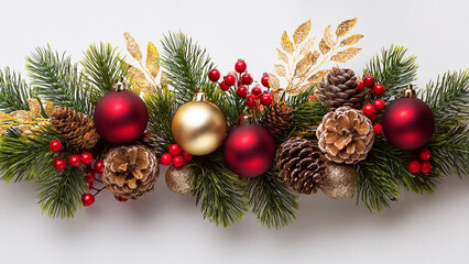 Christmas garland with red and gold baubles, berries, and pinecones on a white background. PNG transparent.