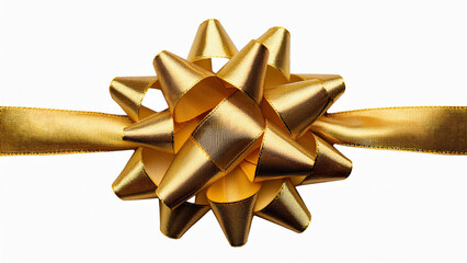 Shiny golden gift bow with textured ribbon loops on a white background. PNG transparent.