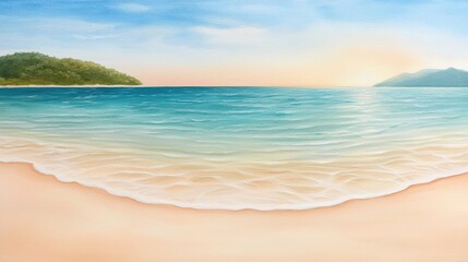 Fototapeta premium Peaceful ocean waves on sandy beach at sunrise Watercolor-style illustration of gentle waves washing onto a sandy beach with a serene sunrise, evoking calm and relaxation