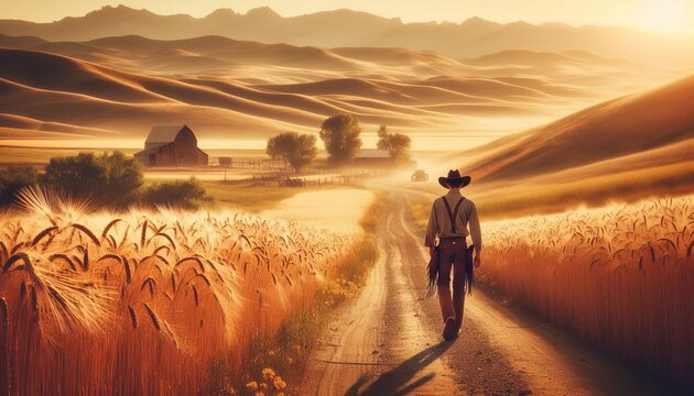 nostalgic scene of a young cowboy walking alone