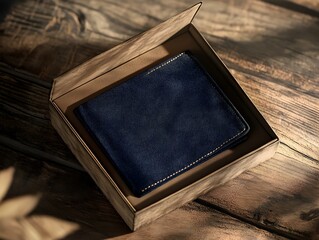 Sleek Denim Wallet Encased in Rustic Wooden Box on Maple Wood Table