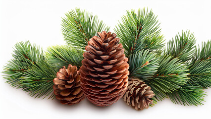Pine cones and green pine branches arranged together, isolated on a white background. PNG transparent.
