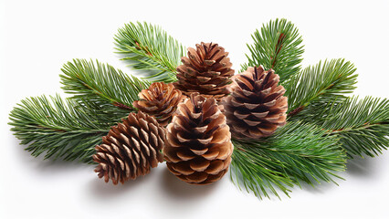 Fototapeta premium Pine cones and green pine branches arranged together, isolated on a white background. PNG transparent. 