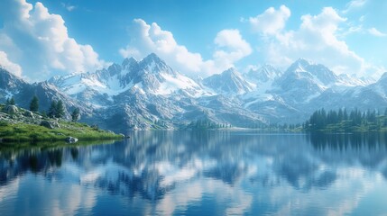 Serene mountain landscape with reflective water surface