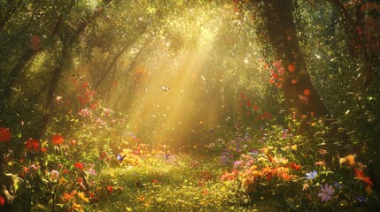 Obraz premium Enchanting Forest Blooming with Wildflowers under Golden Sunlight - Ultra-Detailed Nature Scene with Bees and Butterflies